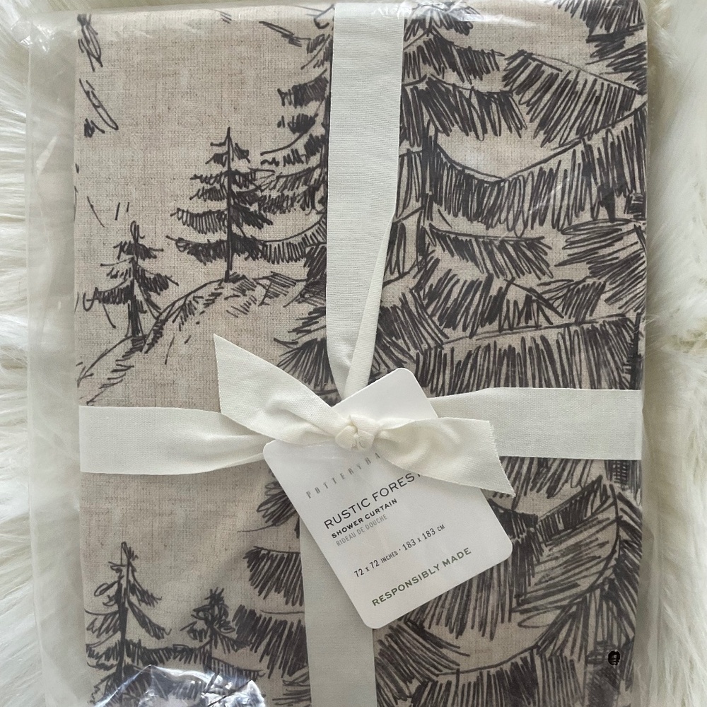 NWT Pottery Barn Rustic Forest Shower Curtain Woodland Cabin Mountain Deer Stag